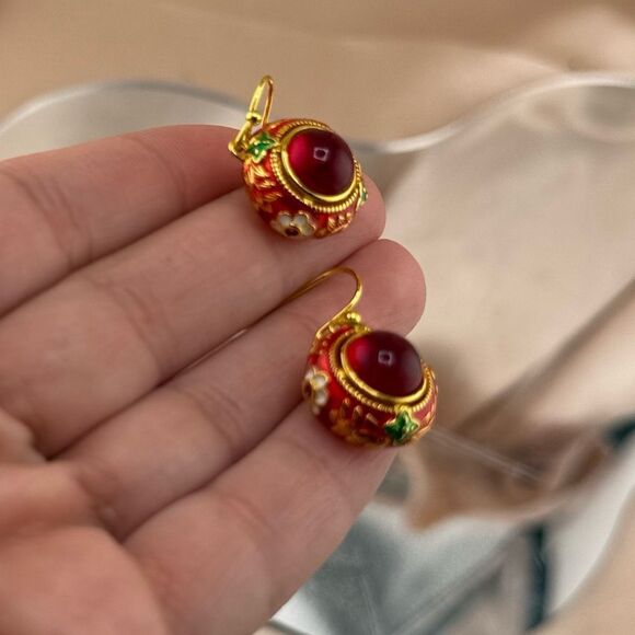 Vintage-Inspired Red Enamel Cabochon Drop Earrings - Picture 5 of 10